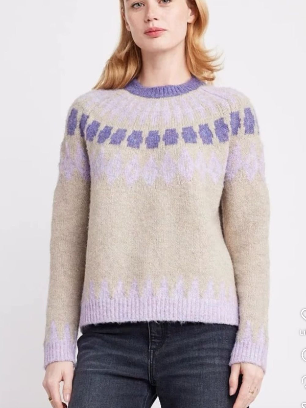 Women’s Tan Purple Size M Soft Fair Isle Pullover High Neck Knit Sweater